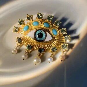 Art Deco Evil Eye Brooch – Gold & Aqua Crystal Pin with Pearls